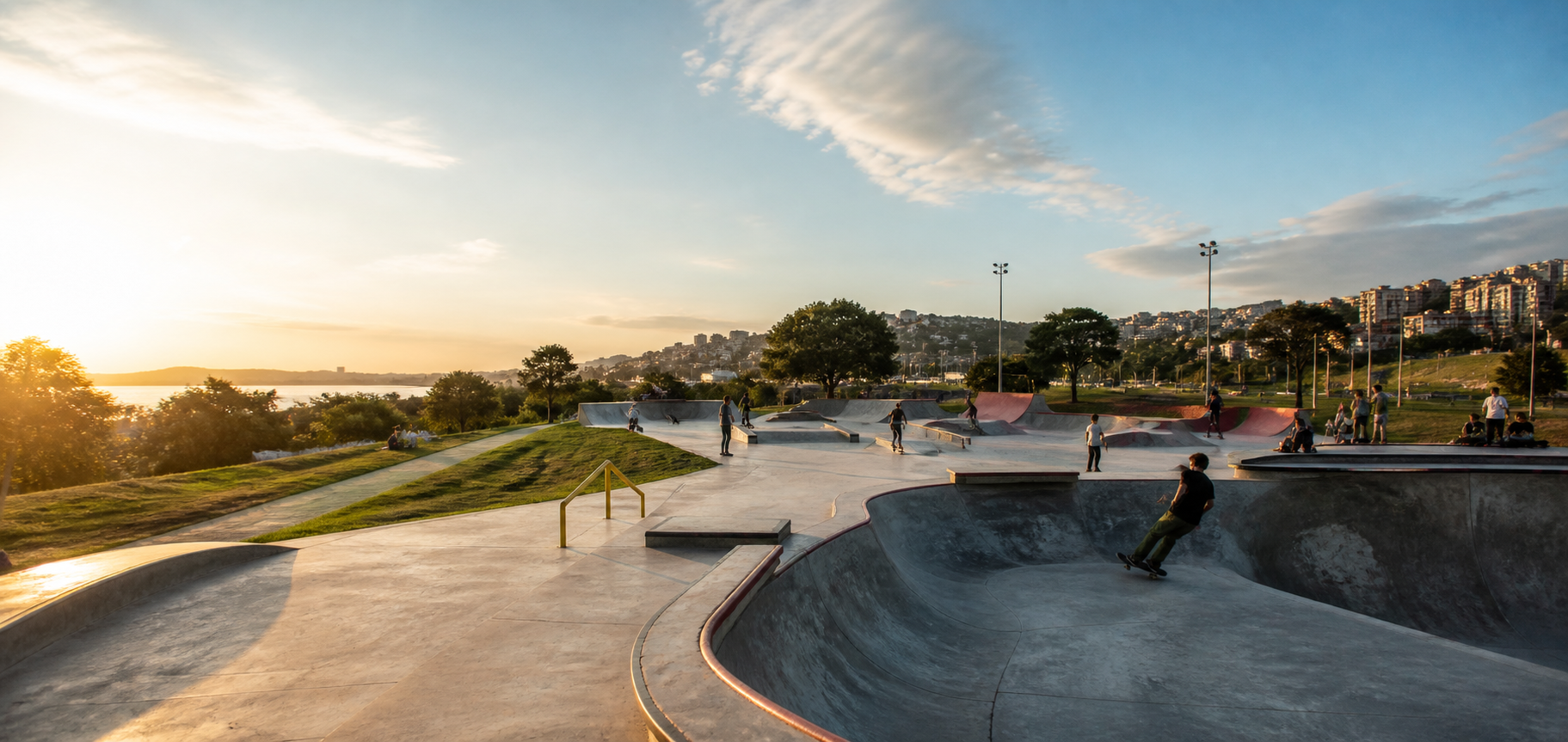 Pista de skate de concreto ao entardecer